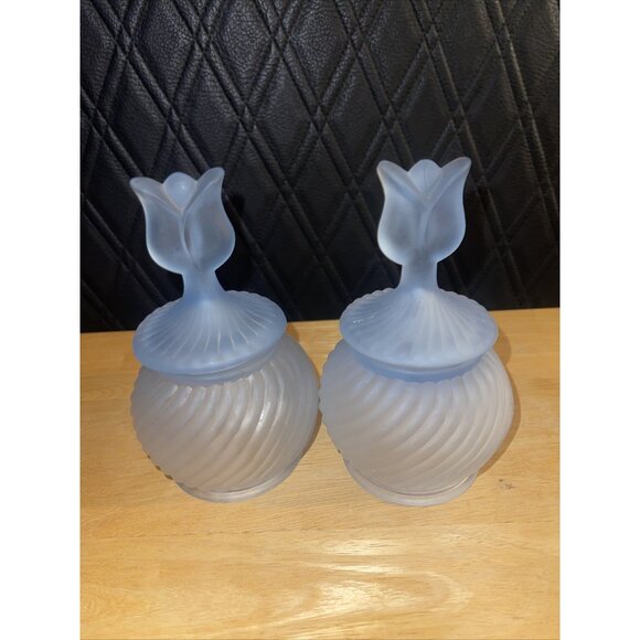 Vintage Frosted Glass Tulip Lid Candy Jar Set - Picture 12 of 16